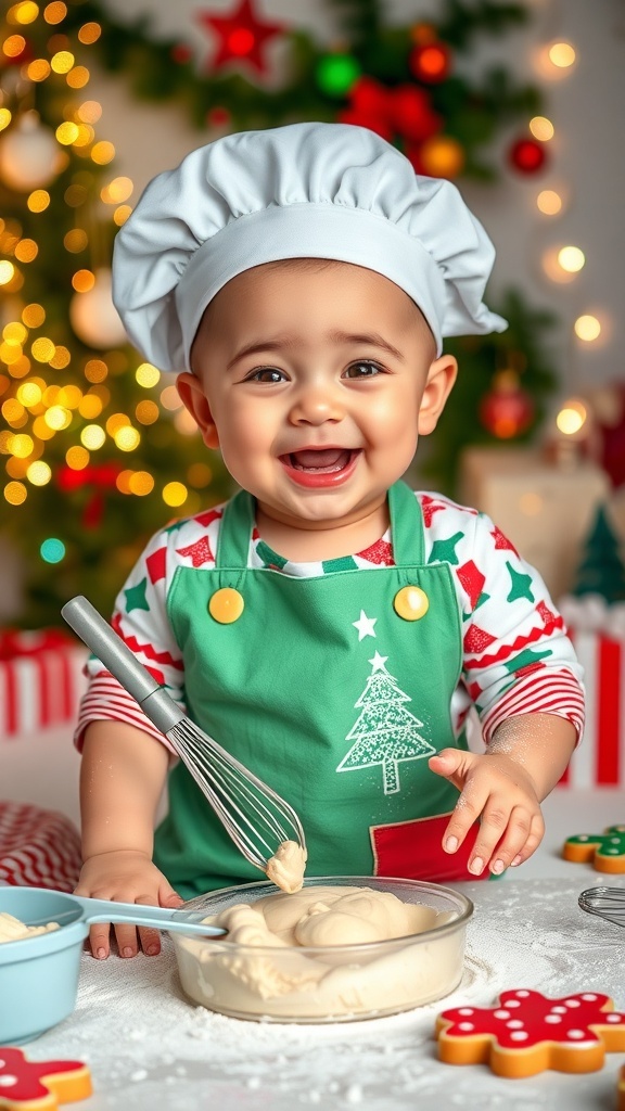 A baby baking cookies in a festive setting with Christmas decorations and baking supplies.